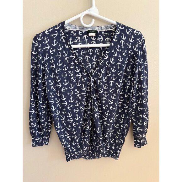 J. Crew Lightweight Gauzy Summer Cardigan Navy and White Anchor Print Size Small - Picture 3 of 11